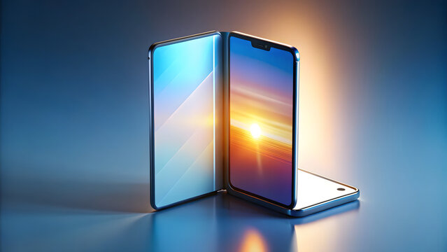 Foldable smartphone with sunset and blue sky wallpaper on screens in open position