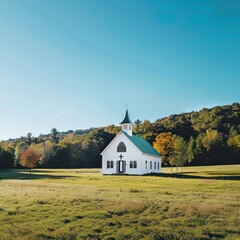 realistic countryside church surrounded by green fields and trees