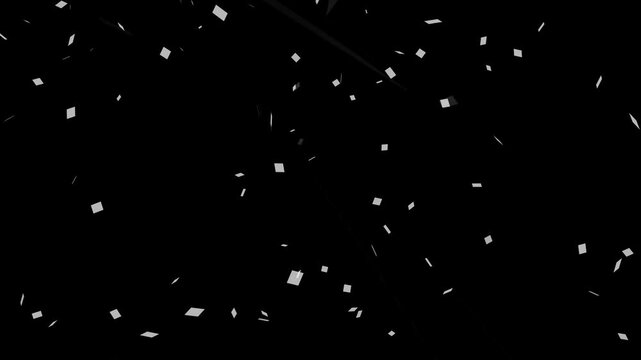Falling shiny white or silver confetti isolated on transparent black background video . Bright festive tinsel color confetti , 2d confetti animation . glittering particle , fireworks confetti