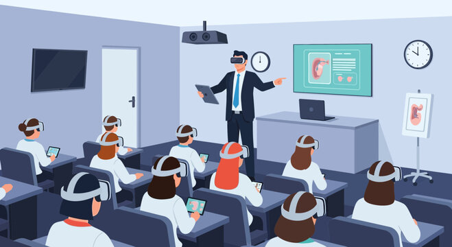 Immersive learning environment vector illustration featuring virtual reality education in a