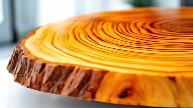 Polished tree trunk slice shows growth rings, smooth top and bark edge