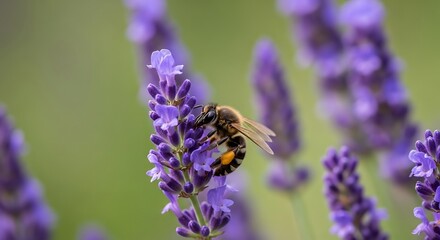 A honeybee, covered in pollen, gathers nectar from delicate purple lavender flowers, bathed in soft daylight