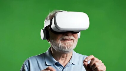 Senior man exploring virtual reality vr headset augmented reality metaverse technology experience innovation - Powered by Adobe