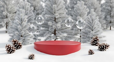 Christmas mockup pedestal display with winter forest and ornaments backdrop