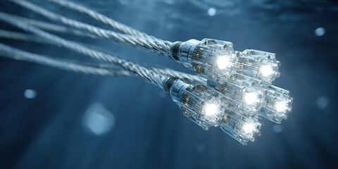Light-emitting cables underwater with glowing connectors during a high-tech exploration