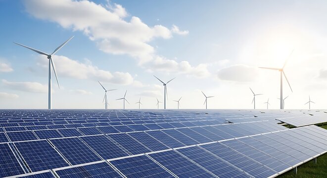 Wind turbines and solar panels under a bright sunny sky with clouds