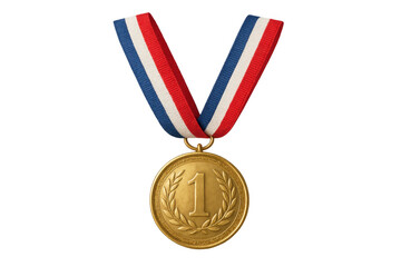 Gold medal with tricolor ribbon representing first place achievement, success, and leadership in competition