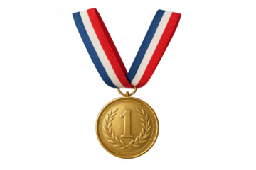 Gold medal with tricolor ribbon representing first place achievement, success, and leadership in competition
