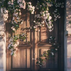 realistic close-up of a church door decorated with fresh flowers and greenery