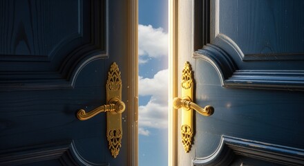 Dark blue doors with gold handles open to reveal a bright sky with clouds. The elegant entrance shows a path to new chances. Great for themes about hope, change, and fresh starts.