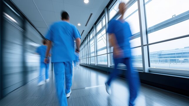 Blurred healthcare professionals in motion: blurred hospital corridor activity