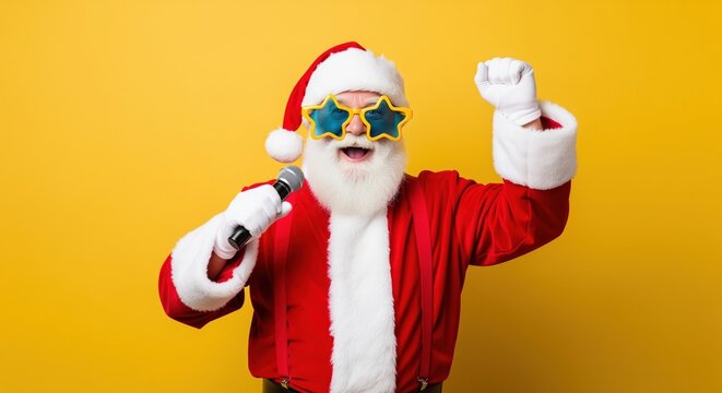 Santa Claus wearing star-shaped sunglasses and singing into a microphone on a bright yellow background. Perfect for holiday party themes, Christmas entertainment, or festive celebration. - Powered by Adobe