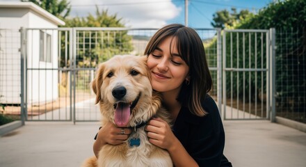 A young woman hugs her golden retriever dog in a backyard with a white fence and gate. The dog has its tongue out looking happy. Perfect for pet care, animal adoption, or companionship content.
