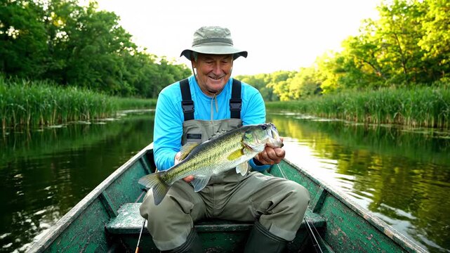 Joyful elderly fisherman in waders and hat proudly sits in a boat, displaying a large fish he has just reeled in. Celebrating his impressive catch, the angler showcases his trophy prize