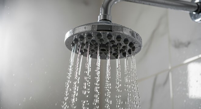 Chrome showerhead spraying water in a modern bathroom. Water streams flow from multiple nozzles creating a rain effect. Perfect for home improvement, plumbing, or wellness content.