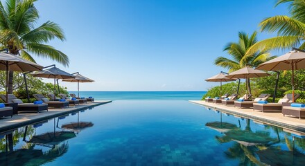 Fototapeta premium Beautiful infinity pool meets blue ocean horizon at a tropical resort. Palm trees and lounge chairs surround the pool area. Perfect for vacation, travel, and luxury hospitality content.