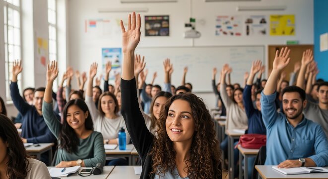 A classroom full of students raising their hands to answer a question. A young woman with curly hair smiles in the front row. Perfect for education, learning, and school concepts.