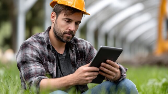 A person stands on a rooftop, monitoring transport activities below using a tablet, surrounded by busy workers and vehicles - Powered by Adobe