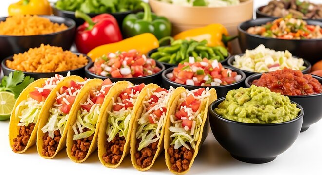 A spread of delicious tacos and various mexican food side dishes