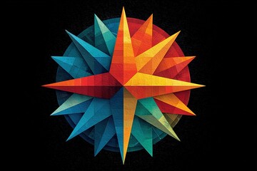 Colorful geometric compass design featuring sharp spikes and a vibrant color scheme with a blend of blue, red, and yellow tones