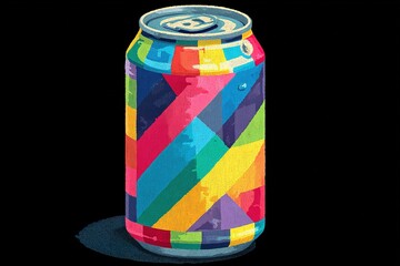 Obraz premium Colorful beverage can with geometric design on a black background highlighting modern art and creativity