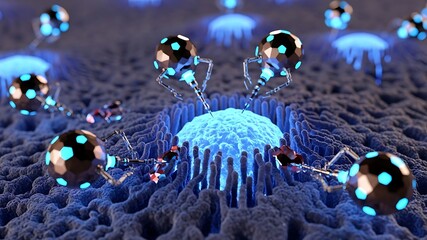 Illustration of Nanobot Cluster Interacting with a Virus Particle for Medical Nanotechnology Research