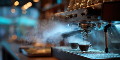Steaming Espresso Machine in a Cafe with Two Cups.