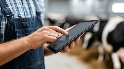 A man is focused on his tablet in a barn setting, engaged in tasks related to farming and livestock management