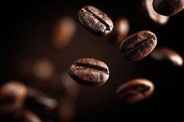 Fototapeta premium Roasted Coffee Beans in Motion - A Dark and Aromatic Delight.