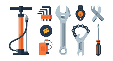 A collection of bicycle maintenance tools including a pump, wrenches, and a chain tool.