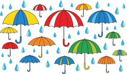 A collection of colorful umbrellas scattered among falling raindrops illustration.