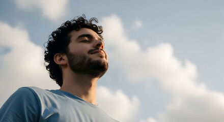A serene young man with curly hair finds peace and tranquility outdoors, breathing deeply and connecting with nature under a bright, blue sky above him.