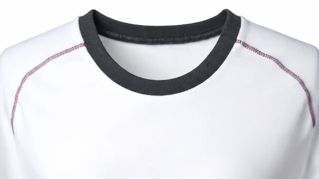 A white athletic t-shirt with a black collar is carefully laid out. The clean, simple design features purple stitching on the shoulders.