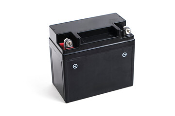 Black motorcycle battery isolated on white background. Accumulator battery.