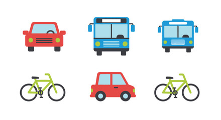 A collection of cars, buses, and bicycles are depicted against a white background.