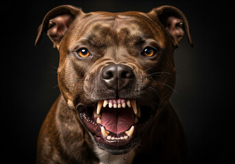 Fototapeta premium Aggressive Brown Pit Bull Dog Snarling and Baring Teeth on a Dark Background