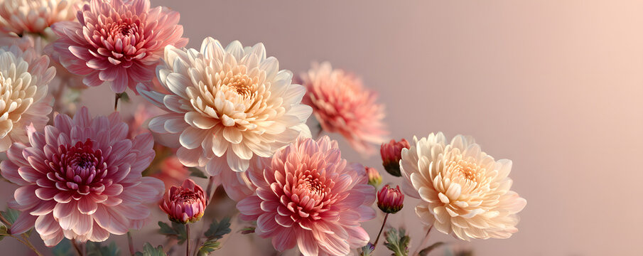 pastel chrysanthemum flowers on a minimal background with copy space, elegant floral design for invitations, valentines, mother day.