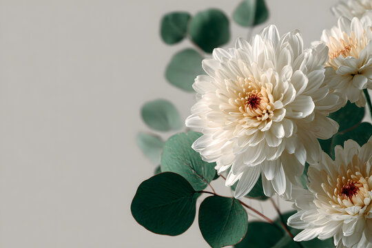 Elegant chrysanthemum flowers with eucalyptus banner. perfect for wedding design, wellness branding, greeting cards.