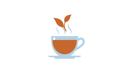 A steaming cup of tea with two leaves on top.