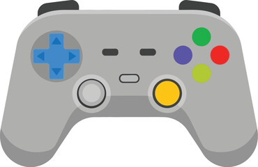 A gray video game controller with colorful buttons is displayed against a white background.