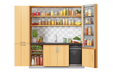 Beautifully organized kitchen pantry cabinet with fresh ingredients arranged neatly on shelves and a stylish countertop in a modern kitchen setting