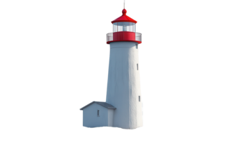 Lighthouse standing proudly on rocky terrain with a bright red top, guiding ships through the waters, symbolizing safety and navigation at sea