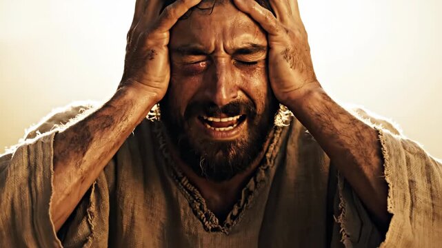 A man in a tranquil environment experiences intense emotions. His hands grasp his head as he battles inner turmoil, showcasing vulnerability and strength. The lighting creates a dramatic atmosphere.