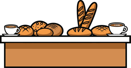A variety of baked bread products and cups of coffee are displayed on a counter.