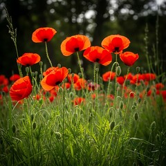 Obraz premium Vibrant red poppies in a lush green field under soft light