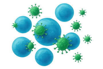 Virus attacking cells in microscopic view, representing infection, disease, and immunology
