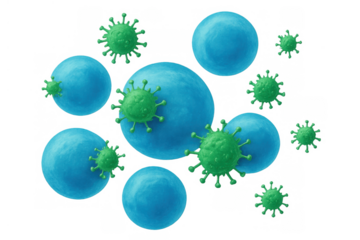 Virus attacking cells in microscopic view, representing infection, disease, and immunology
