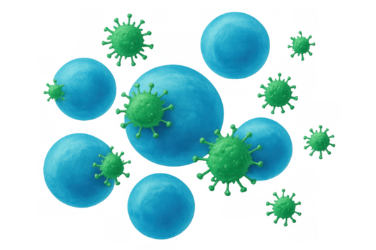 Virus attacking cells in microscopic view, representing infection, disease, and immunology