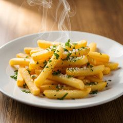 Golden crispy french fries are artfully arranged on a white plate sprinkled with herbs and parmesan