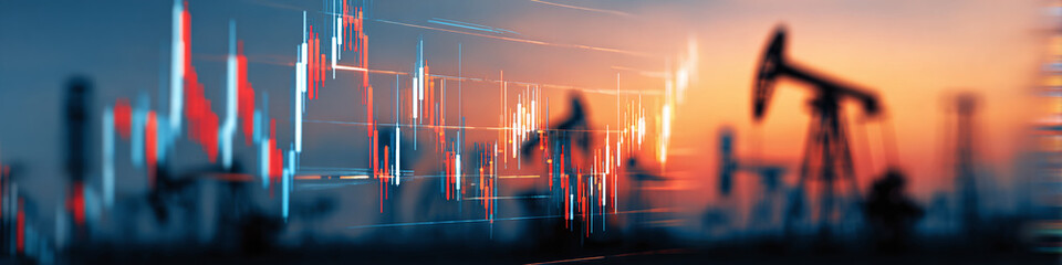 Image of oil price chart and crude oil drilling field background which is a source of indicator of global economy. Ai generate.	
